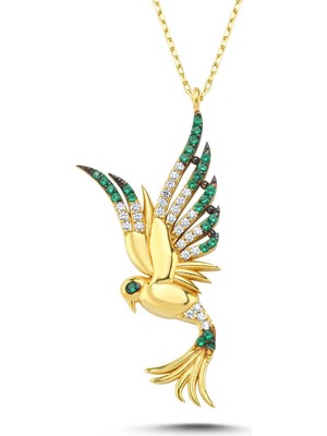Hepta Collection Kayra Mücevher Prenses Anka Kuşu Kolye - 14 Ayar Altın, 925 Ayar Gümüş (Yeşil Gümüş)