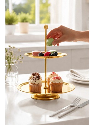 Kai Home 2 Katlı Gold Çelik Kurabiye, Pasta, Çerezlik Dekoratif Sunum Standı