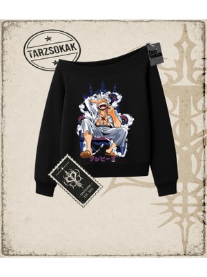 Tarzsokak One Piece Anime Karakterleri  Kadın Kayık Yaka Sweatshirt Beyaz