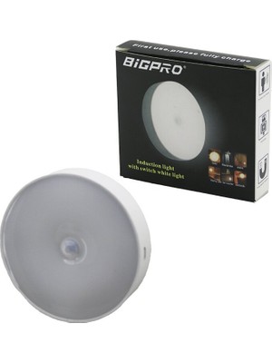 Bigpro Yuvarlak Lamba Çap: 8.3cm Kalınlık: 2cm Sensörlü 0-3mt Beyaz LED USB Şarjlı