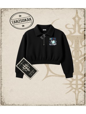Tarzsokak One Piece Anime Karakterleri  Kadın Crop Polo Yaka Yarım Fermuarlı Sweatshirt Beyaz