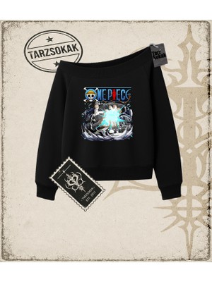 Tarzsokak One Piece Anime Karakterleri  Kadın Kayık Yaka Sweatshirt Beyaz