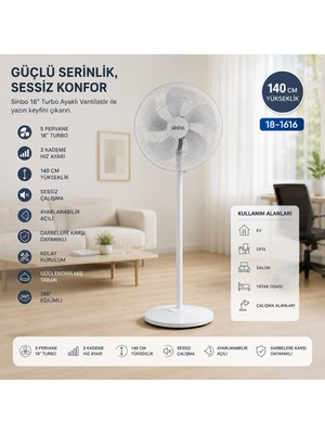 Sinbo SF-6798 Ayaklı Vantilatör 140CM Yükseklik 18'' 5 Pervane Ofis Beyaz Sessiz Kompakt Üç Kademe