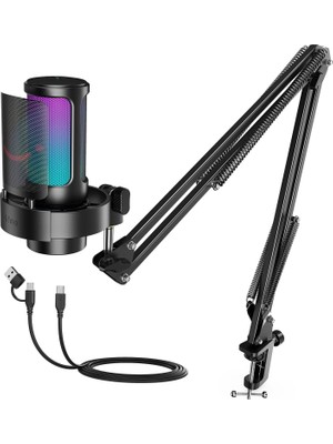 Fifine Fıfıne USB Oyun Mikrofonu Seti, Rgb Işıklı Pc Akışlı Mikrofon, Sessiz, Kazanç Düğmesi, Podcast Kaydı