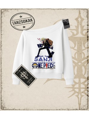 Tarzsokak One Piece Anime Karakterleri  Kadın Kayık Yaka Sweatshirt Beyaz