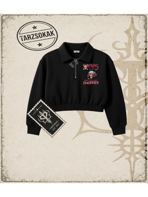 Tarzsokak One Piece Anime Karakterleri  Kadın Crop Polo Yaka Yarım Fermuarlı Sweatshirt Beyaz