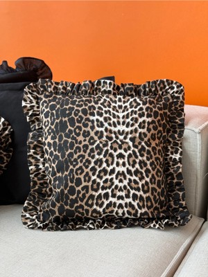 Kai Home Leopard Kare Keten Fırfırlı Kırlent Kılıfı