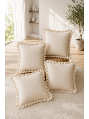 Kai Home 4'lü %100 Pamuk Krem Kırlent Kılıfı – Dekoratif Fırfırlı Model, 45X45 cm