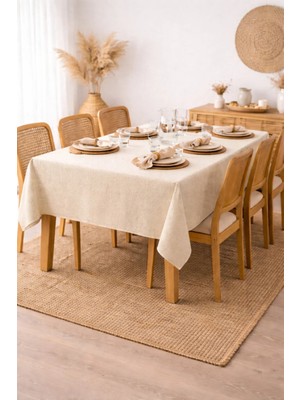 Kai Home Doğal Keten Görünümlü Bej Masa Örtüsü Dikdörtgen Şık Yemek Masası Örtüsü