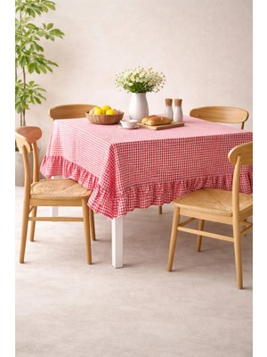Kai Home Organik Kırmızı Kareli Fırfırlı Masa Örtüsü / Piknik Örtüsü 160X220