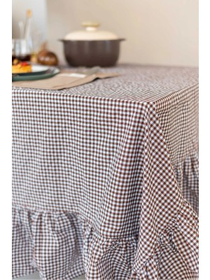 Kai Home Madras Kahverengi Kareli Fırfırlı Masa Örtüsü / Piknik Örtüsü 160X220