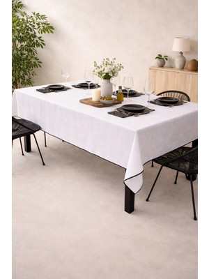 Kai Home Shine White Keten Nakış Detaylı Masa Örtüsü 160X220
