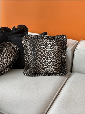 Kai Home Leopar Serisi Fırfır Detaylı Keten Kırlent Kılıfı 45X45 cm Dekoratif Koltuk ve Yatak Odası Yastık Kılıfı