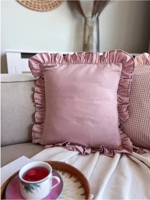 Kai Home Rosy Serisi Fırfır Detaylı Keten Kırlent Kılıfı 45X45 cm Dekoratif Koltuk ve Yatak Odası Yastık Kılıfı