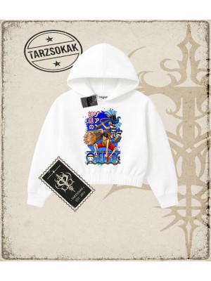 Tarzsokak One Piece Anime Karakterleri  Kadın Crop Kapşonlu Sweatshirt Beyaz