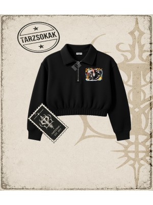 Tarzsokak One Piece Anime Karakterleri  Kadın Crop Polo Yaka Yarım Fermuarlı Sweatshirt Beyaz