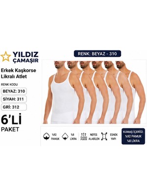 Yıldız Çamaşır Erkek Kaşkorse Likralı Ince Askılı Atlet (310-311-312) - 6 Adet