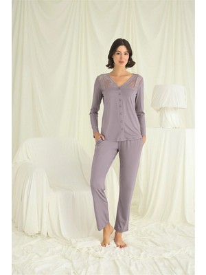 Hace Bazaar Yakası Kolu ve Omzu Dantelli Boydan Düğmeli Pijama Takımı