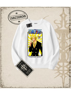 Tarzsokak One Piece Anime Karakterleri  Oversize Unisex Bisiklet Yaka Sweatshirt Beyaz