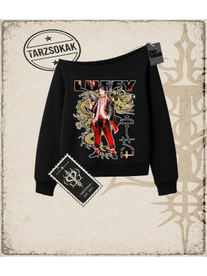 Tarzsokak One Piece Anime Karakterleri  Kadın Kayık Yaka Sweatshirt Beyaz