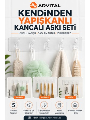 Arvital Kendinden Yapışkanlı 5’li Şeffaf Kancalı Askı Seti Iz Bırakmadan Sökülebilir Banyo Mutfak Ofis