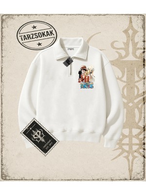 Tarzsokak One Piece Anime Karakterleri  Unisex Polo Yaka Yarım Fermuarlı Sweatshirt Beyaz