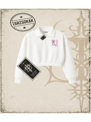 Tarzsokak One Piece Anime Karakterleri  Kadın Crop Polo Yaka Yarım Fermuarlı Sweatshirt Beyaz