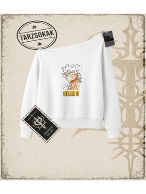 Tarzsokak One Piece Anime Karakterleri  Kadın Kayık Yaka Sweatshirt Beyaz