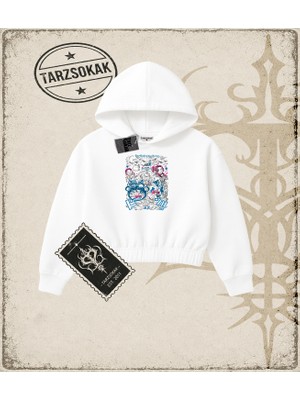 Tarzsokak One Piece Anime Karakterleri  Kadın Crop Kapşonlu Sweatshirt Beyaz