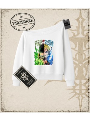 Tarzsokak One Piece Anime Karakterleri  Kadın Kayık Yaka Sweatshirt Beyaz
