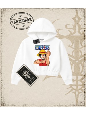 Tarzsokak One Piece Anime Karakterleri  Kadın Crop Kapşonlu Sweatshirt Beyaz