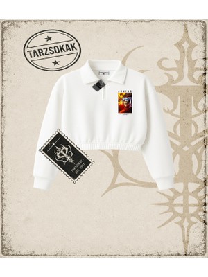 Tarzsokak One Piece Anime Karakterleri  Kadın Crop Polo Yaka Yarım Fermuarlı Sweatshirt Beyaz