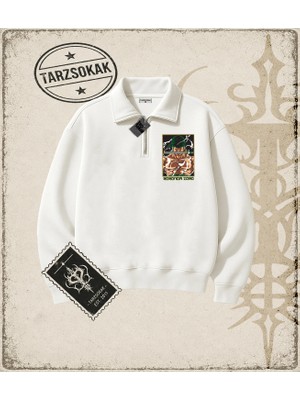 Tarzsokak One Piece Anime Karakterleri  Unisex Polo Yaka Yarım Fermuarlı Sweatshirt Beyaz