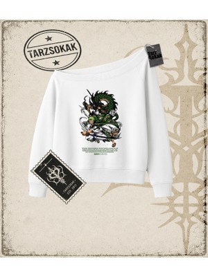 Tarzsokak One Piece Anime Karakterleri  Kadın Kayık Yaka Sweatshirt Beyaz