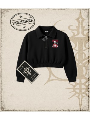 Tarzsokak One Piece Anime Karakterleri  Kadın Crop Polo Yaka Yarım Fermuarlı Sweatshirt Beyaz