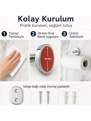 Iris Solo Havluluk, Krom Kaplama, Yapışkanlı ve Vidalı Montaj, 35 mm Oval Bantlı Rulo Havlu Askısı