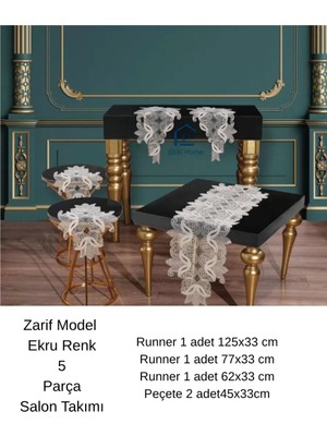 Zarif Model Krem Dantelli Masa Örtüsü Runner Seti Çeyizlik Salon Takımı 5 Parça