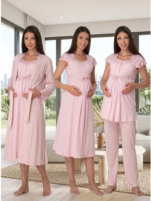 Lohussa Kadın Pudra Desenli Düğmeli Sabahlıklı 4'lü Set Lohusa Hamile Pijama Gecelik Takımı