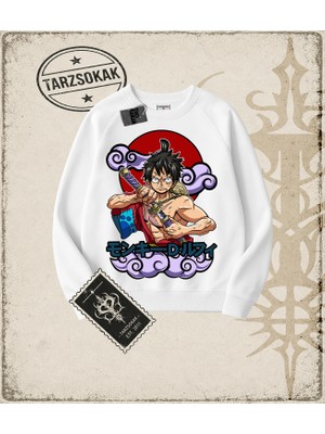 Tarzsokak One Piece Anime Karakterleri  Oversize Unisex Bisiklet Yaka Sweatshirt Beyaz