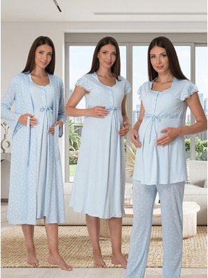 Lohussa Kadın Mavi Desenli Düğmeli Sabahlıklı 4'lü Set Lohusa Hamile Pijama Gecelik Takımı