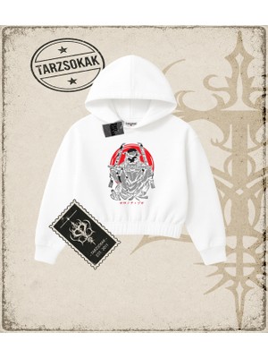 Tarzsokak One Piece Anime Karakterleri  Kadın Crop Kapşonlu Sweatshirt Beyaz