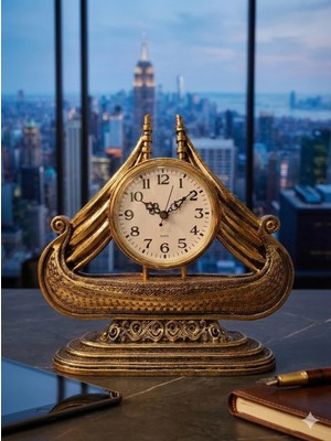 Hace Bazaar Büyük Boy Vintage Gemi Tasarımlı Dekoratif Masa Saati | Antik Gold Koleksiyonluk Klasik Saat 28 cm