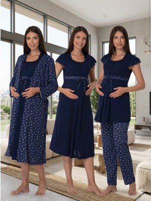 Lohussa Kadın Lacivert Desenli Düğmeli Sabahlıklı 4'lü Set Lohusa Hamile Pijama Gecelik Takımı