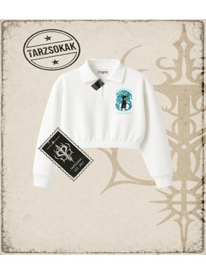 Tarzsokak One Piece Anime Karakterleri  Kadın Crop Polo Yaka Yarım Fermuarlı Sweatshirt Beyaz