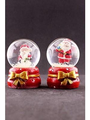 Hace Bazaar 2 Adet Yeni Yıl  Noel Temalı Kurdele Detaylı Mini Boy Işıklı Kar Küresi 6,5 cm
