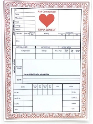 Hace Bazaar Sevgiliye Hediye Aşk Cumhuriyeti Tapusu Kalbimin Tapu Senedi