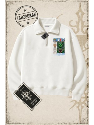 Tarzsokak One Piece Anime Karakterleri  Unisex Polo Yaka Yarım Fermuarlı Sweatshirt Beyaz