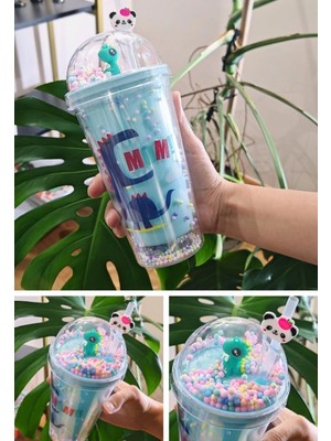 Hace Bazaar Sevimli Dino Temalı Çift Katman 450 ml Suluk Pipetli Mika Mavi 2769