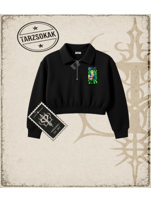 Tarzsokak One Piece Anime Karakterleri  Kadın Crop Polo Yaka Yarım Fermuarlı Sweatshirt Beyaz