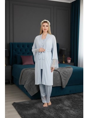 Lohussa Yeni Sezon Mavi Düğmeli Dantelli Yazlık Kısa Kol Tasarım Hamile Lohusa Sabahlık Pijama Takımı Seti
